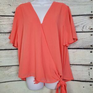 Zenana Women’s Coral Short Sleeve Tie Wrap Top Size L V-Neck Flowy Blouse